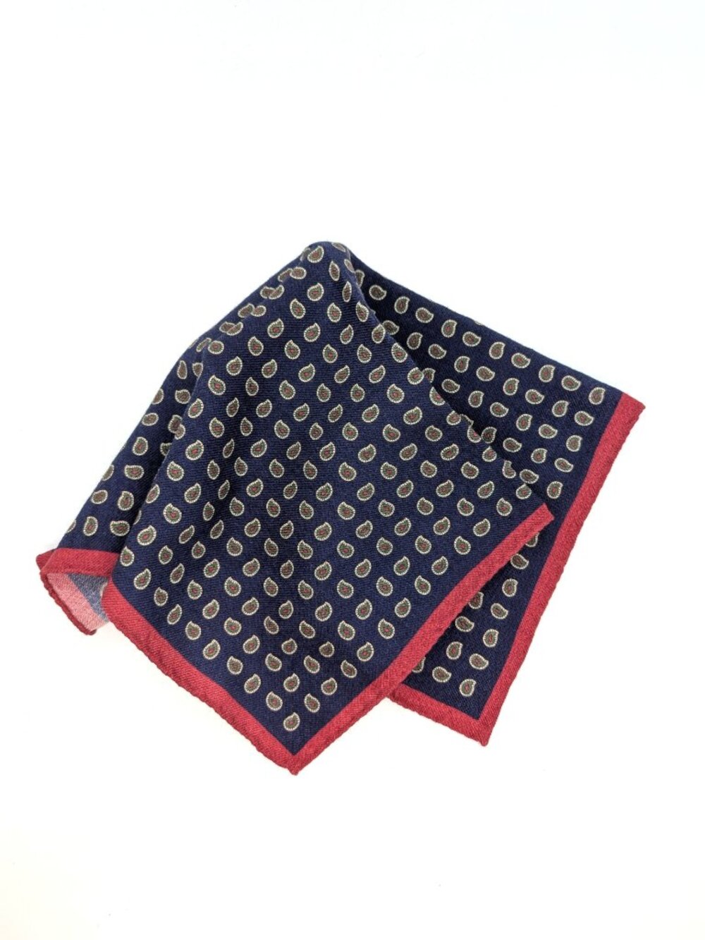VTG Italian Wool Pocket Square 13" Classic Paisley Paul Frederick Italy Navy Red